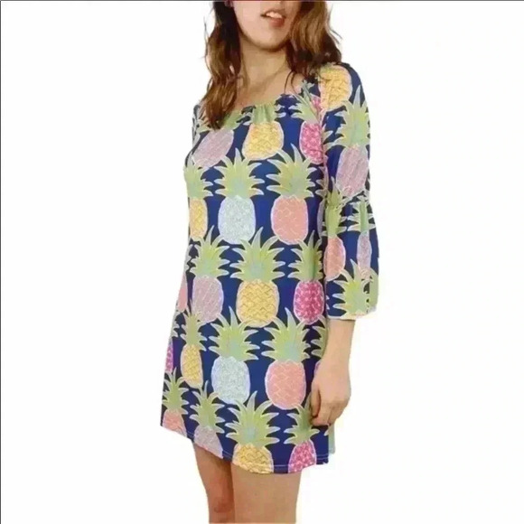 Simply Southern Dresses & Skirts - Simply Southern Bell Sleeve Pineapple Print Dress Navy Pink Preppy Summer Size S